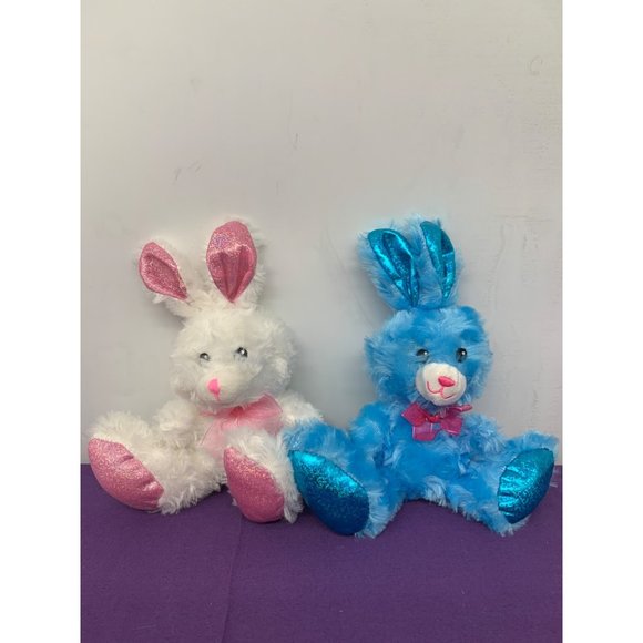 Midwood 7 Inch 2 Plush Stuffed Animal Bunnies Blue White Shimmery Feet and Ears - Picture 1 of 7
